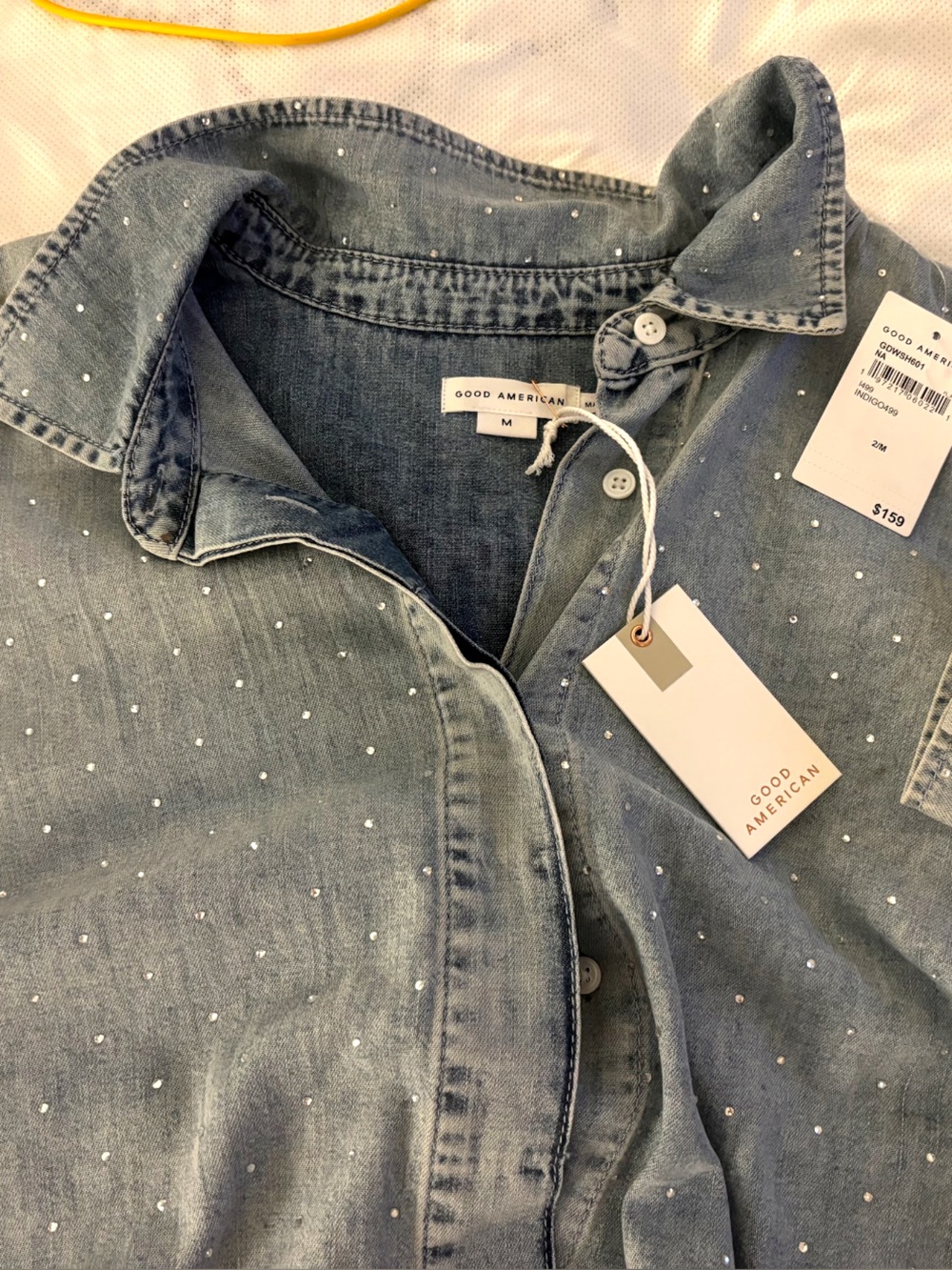 Good American Light Blue Denim Shirt with Subtle Rhinestones - Picture 2 of 4